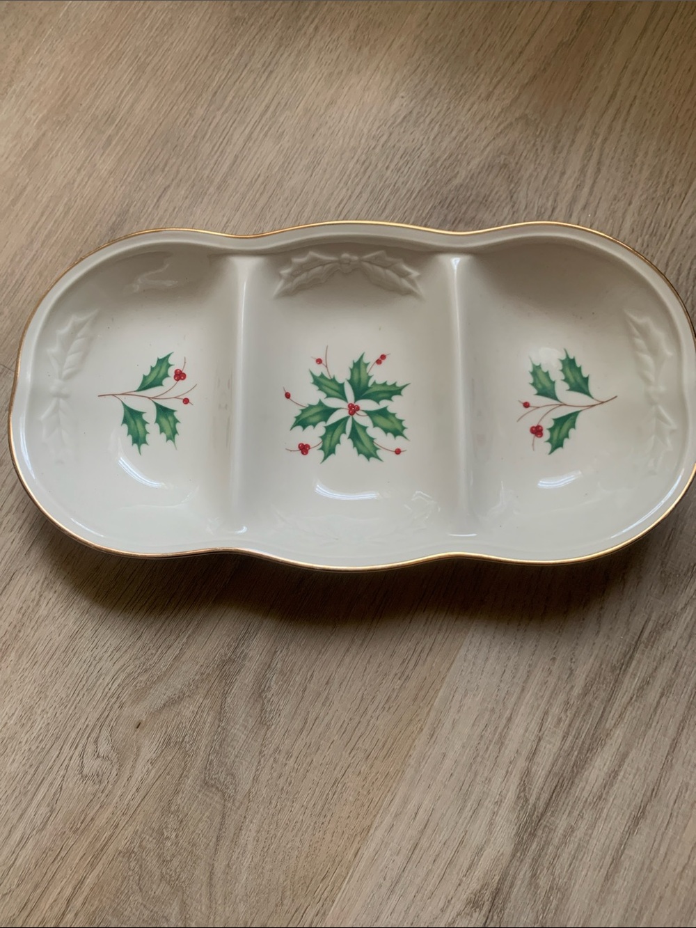 Lenox Holiday Holly Triple Serving Dish - Cream with Green & Red